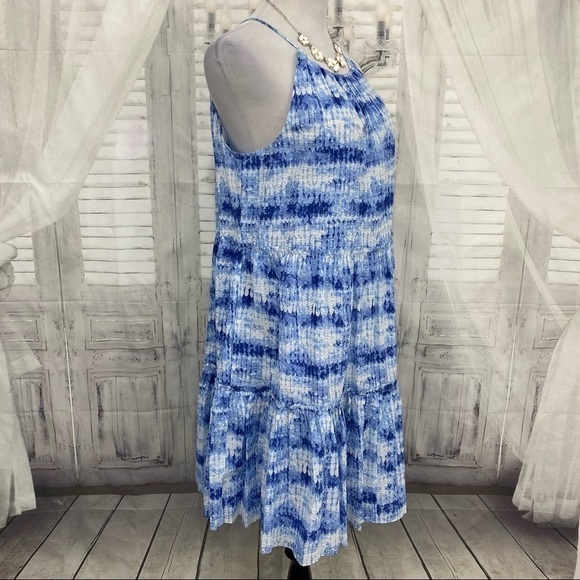 Eliza J Size 14 Blue White Tie Dye Halter Neck Sleeveless Trapeze Pockets Dress - Picture 6 of 13